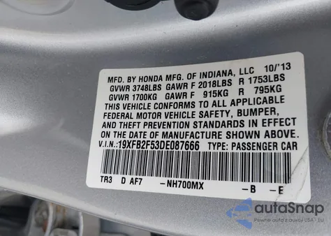 2013 Honda Civic Lx z USA, uszkodzony, nr VIN 19XFB2F53DE087666